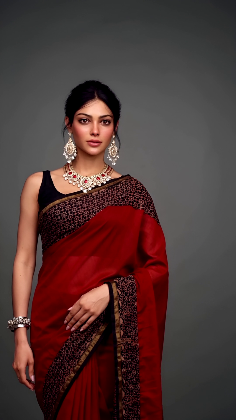 Maroon & Black Cotton Saree with Floral Block Print Pallu