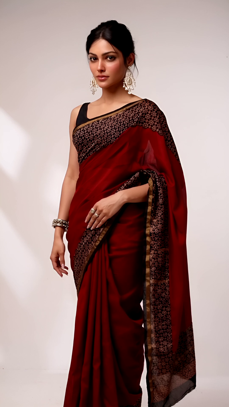 Maroon & Black Cotton Saree with Floral Block Print Pallu
