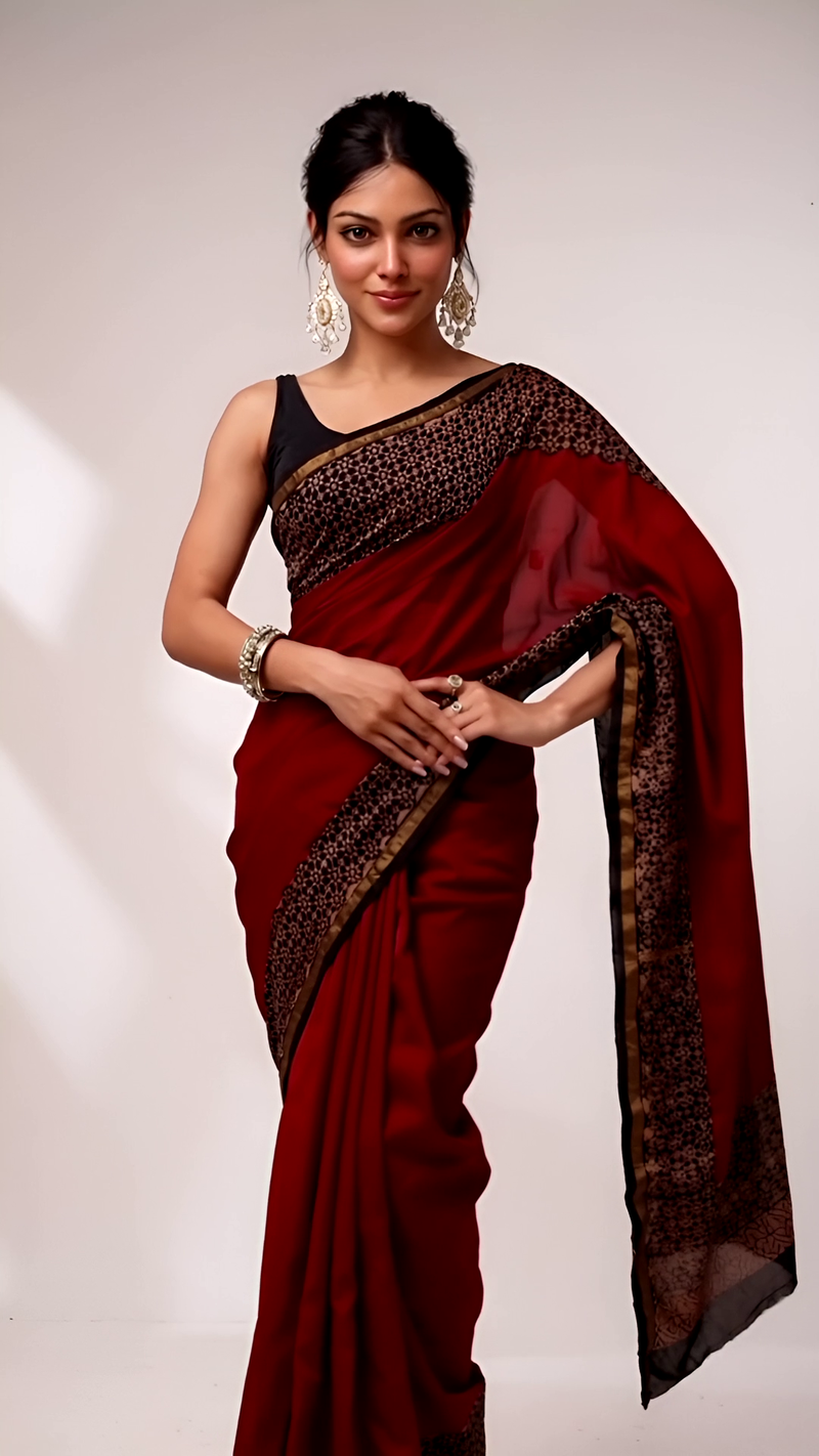 Maroon & Black Cotton Saree with Floral Block Print Pallu