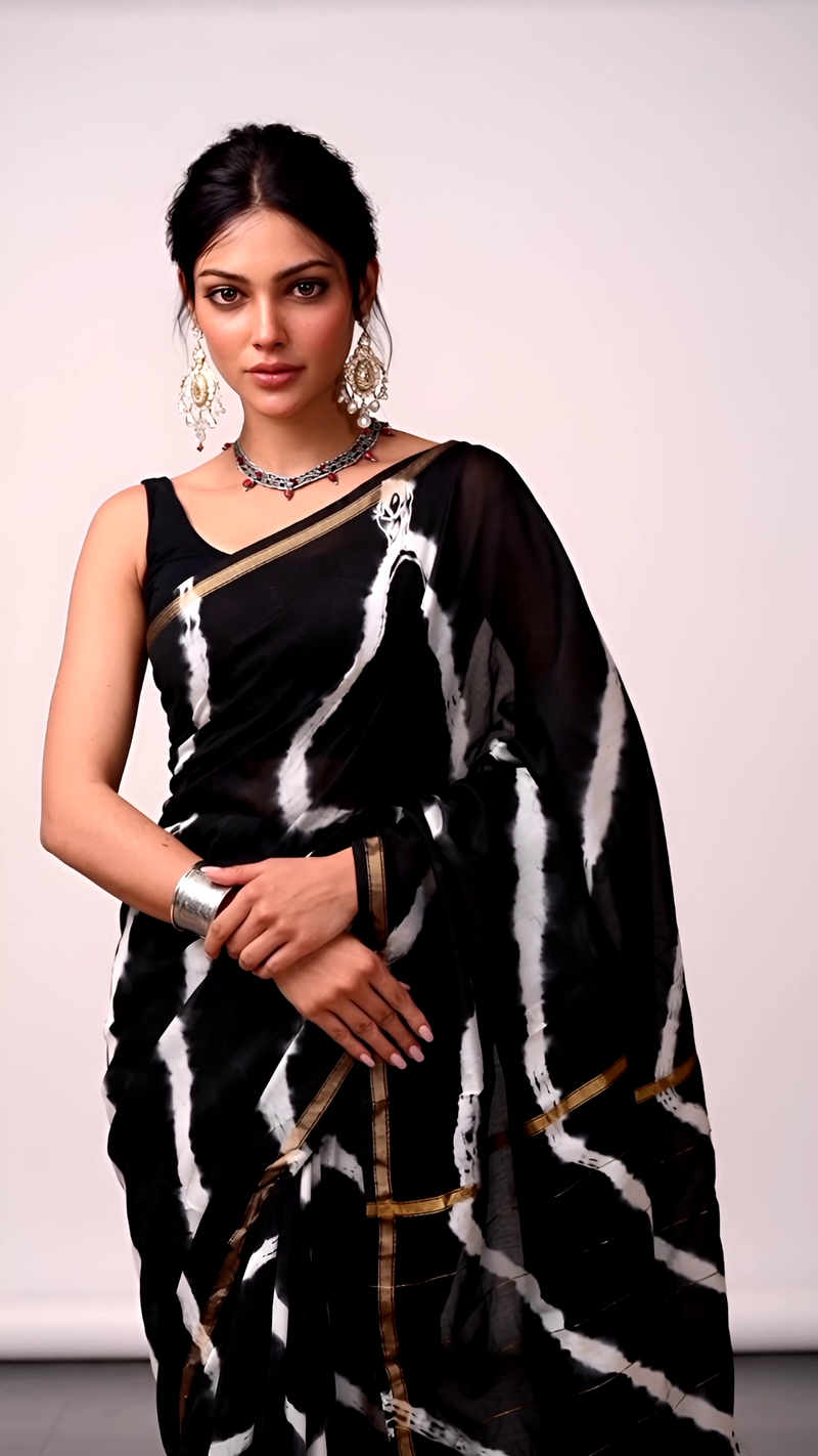 Black & White Tie-Dye Cotton Saree