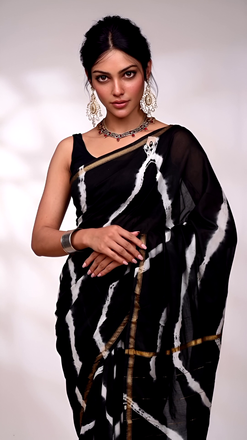 Black & White Tie-Dye Cotton Saree