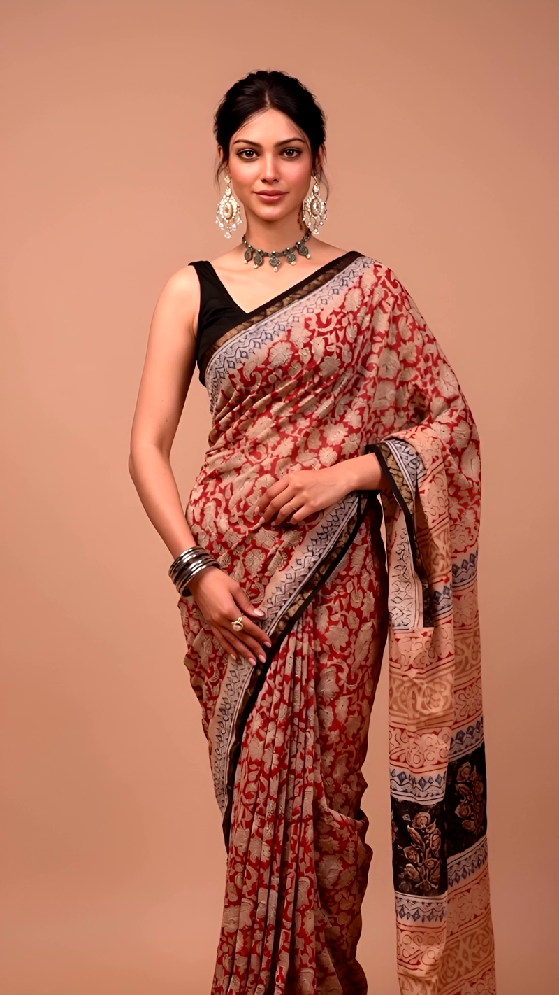 Beige & Maroon Handblock Printed Cotton Saree