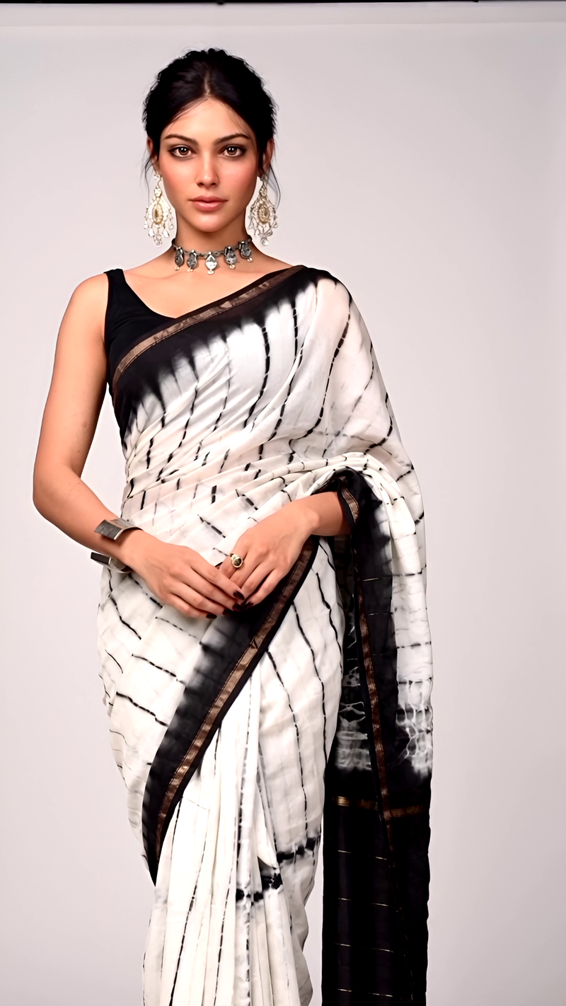 Classic Black & White Shibori Tie-Dye Saree