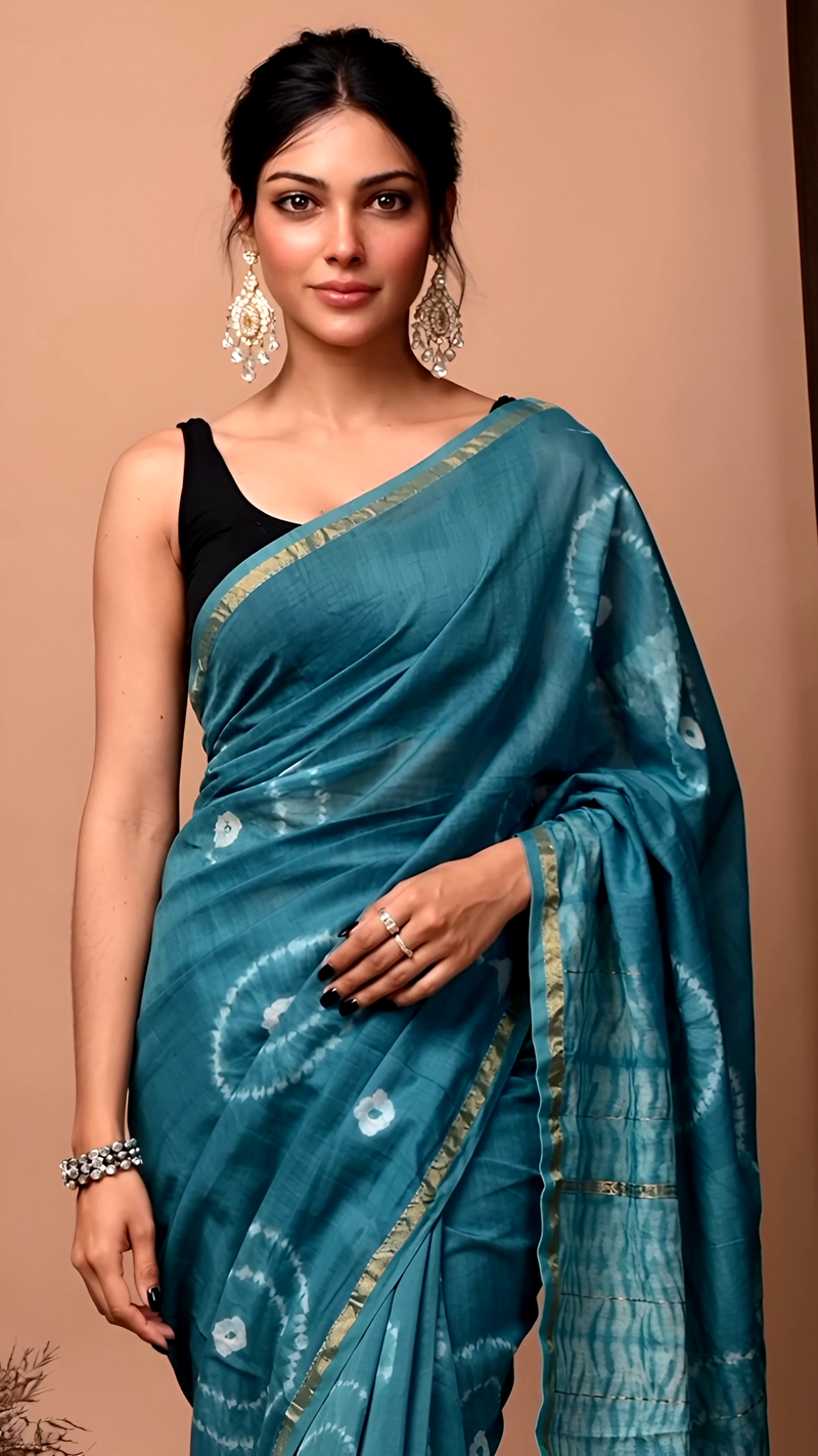 Elegant Teal Blue Shibori Tie-Dye Saree