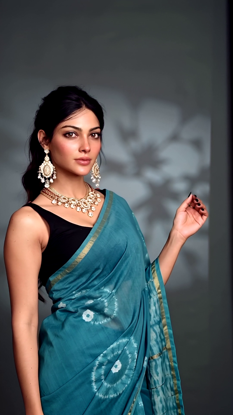 Elegant Teal Blue Shibori Tie-Dye Saree