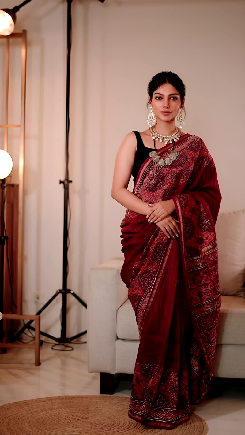 Maroon Ajrakh Print Saree with Stripes & Motifs