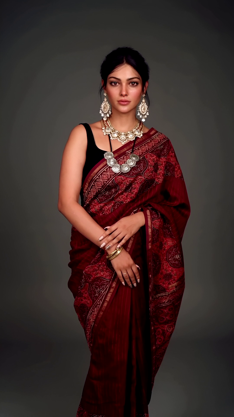 Maroon Ajrakh Print Saree with Stripes & Motifs