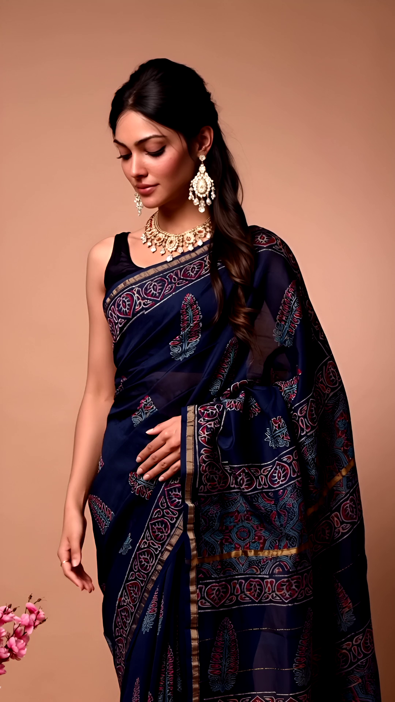 Pure Cotton Ajrakh Hand Block Printed Saree โ Navy Blue Elegance