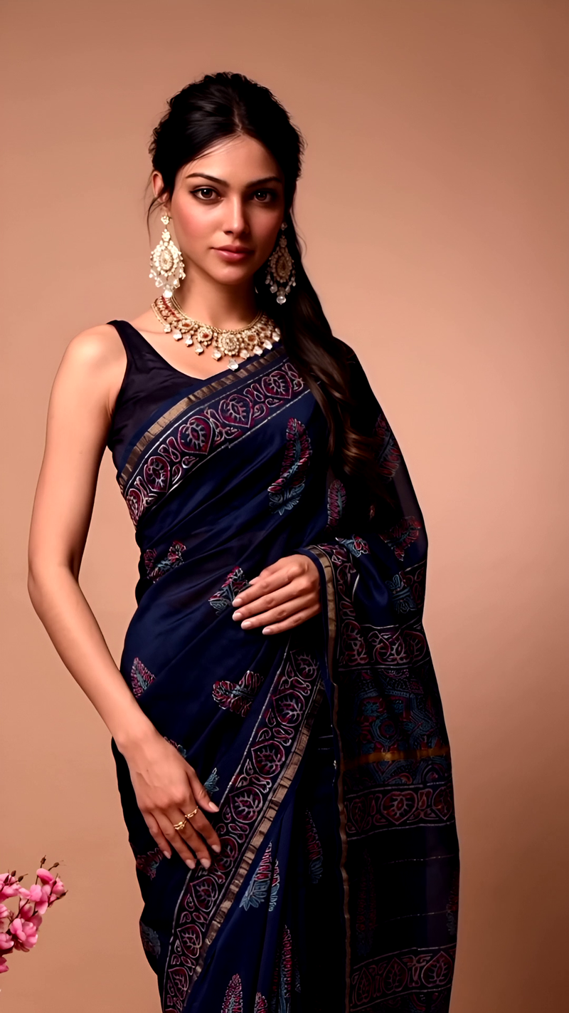 Pure Cotton Ajrakh Hand Block Printed Saree โ Navy Blue Elegance