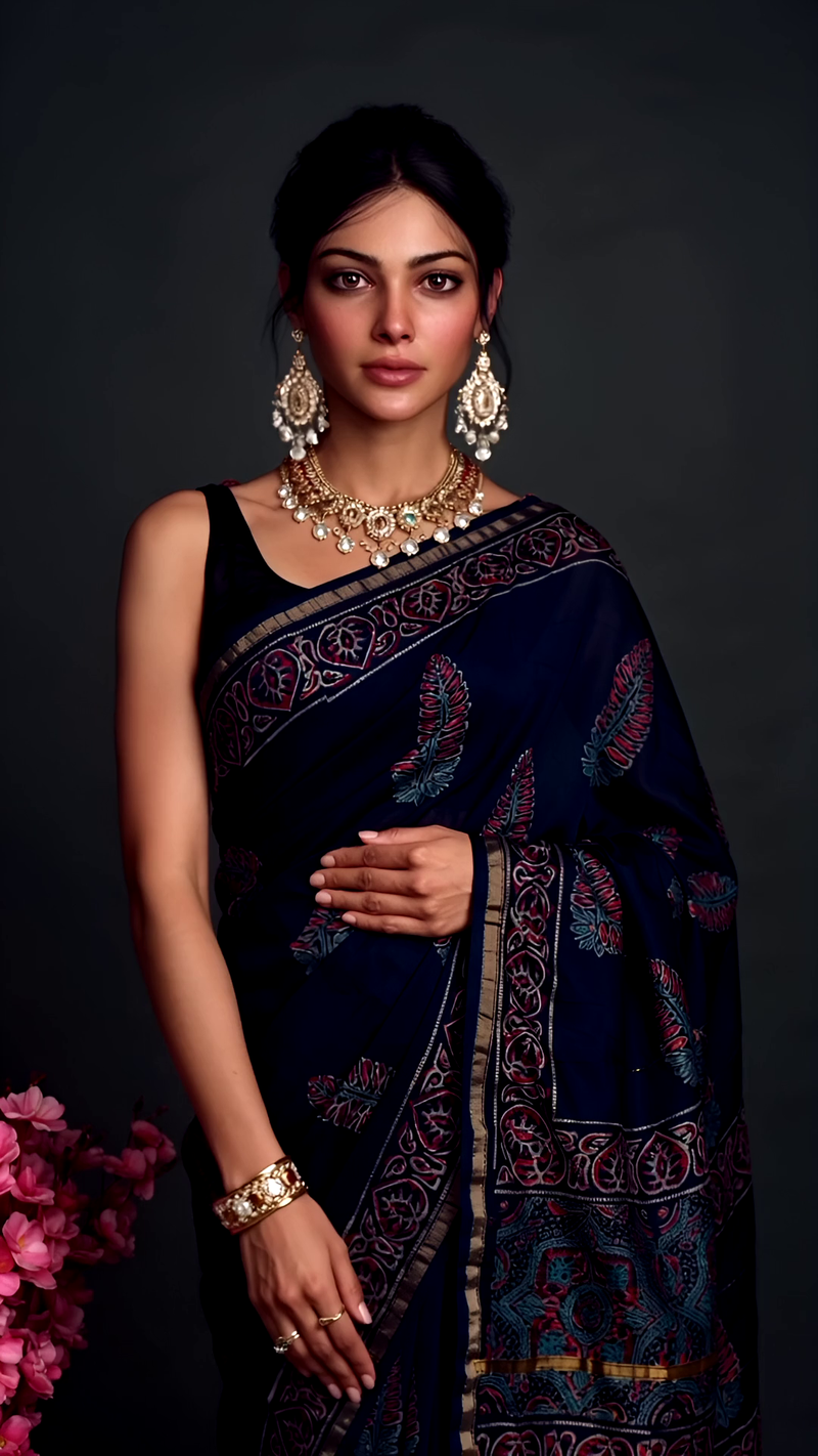 Pure Cotton Ajrakh Hand Block Printed Saree โ Navy Blue Elegance