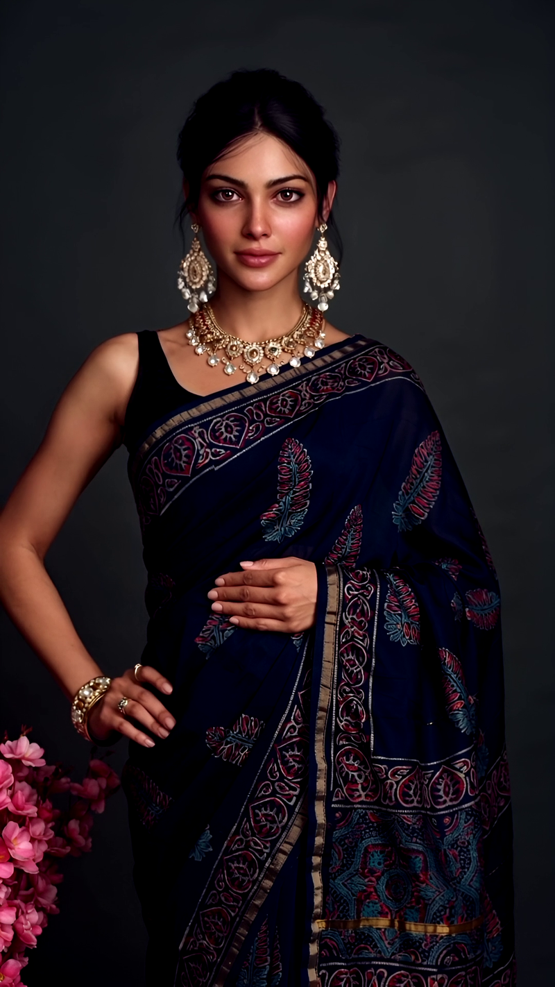 Pure Cotton Ajrakh Hand Block Printed Saree โ Navy Blue Elegance