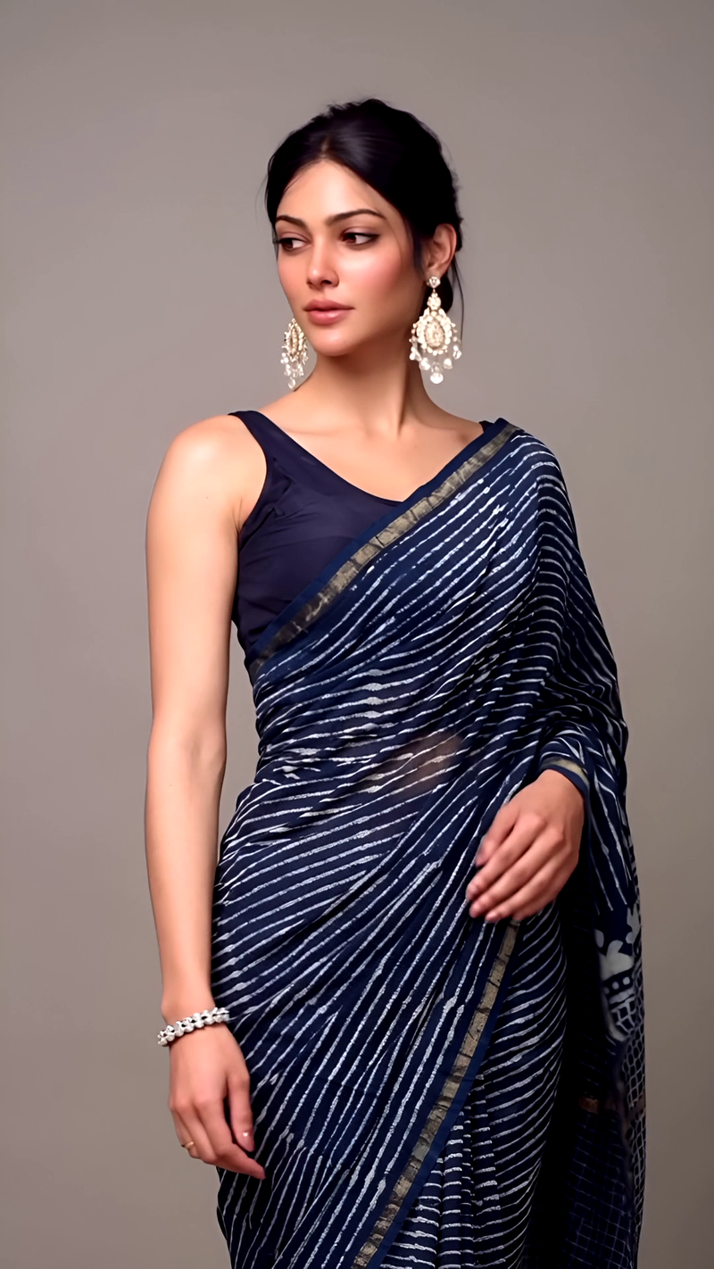 Navy Blue Handblock Striped Saree with Geometric Pallu