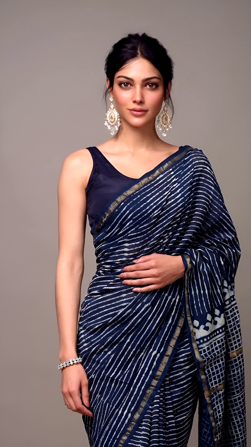 Navy Blue Handblock Striped Saree with Geometric Pallu