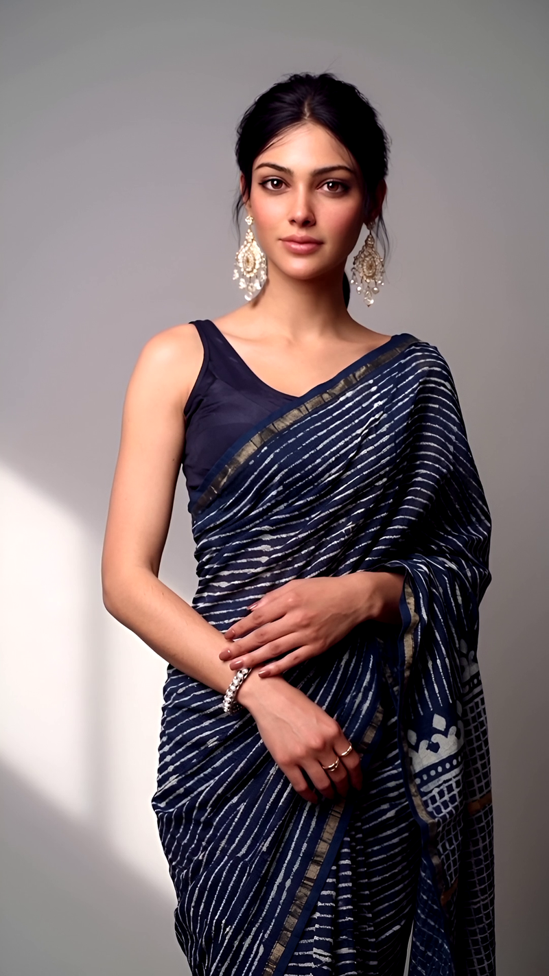 Navy Blue Handblock Striped Saree with Geometric Pallu