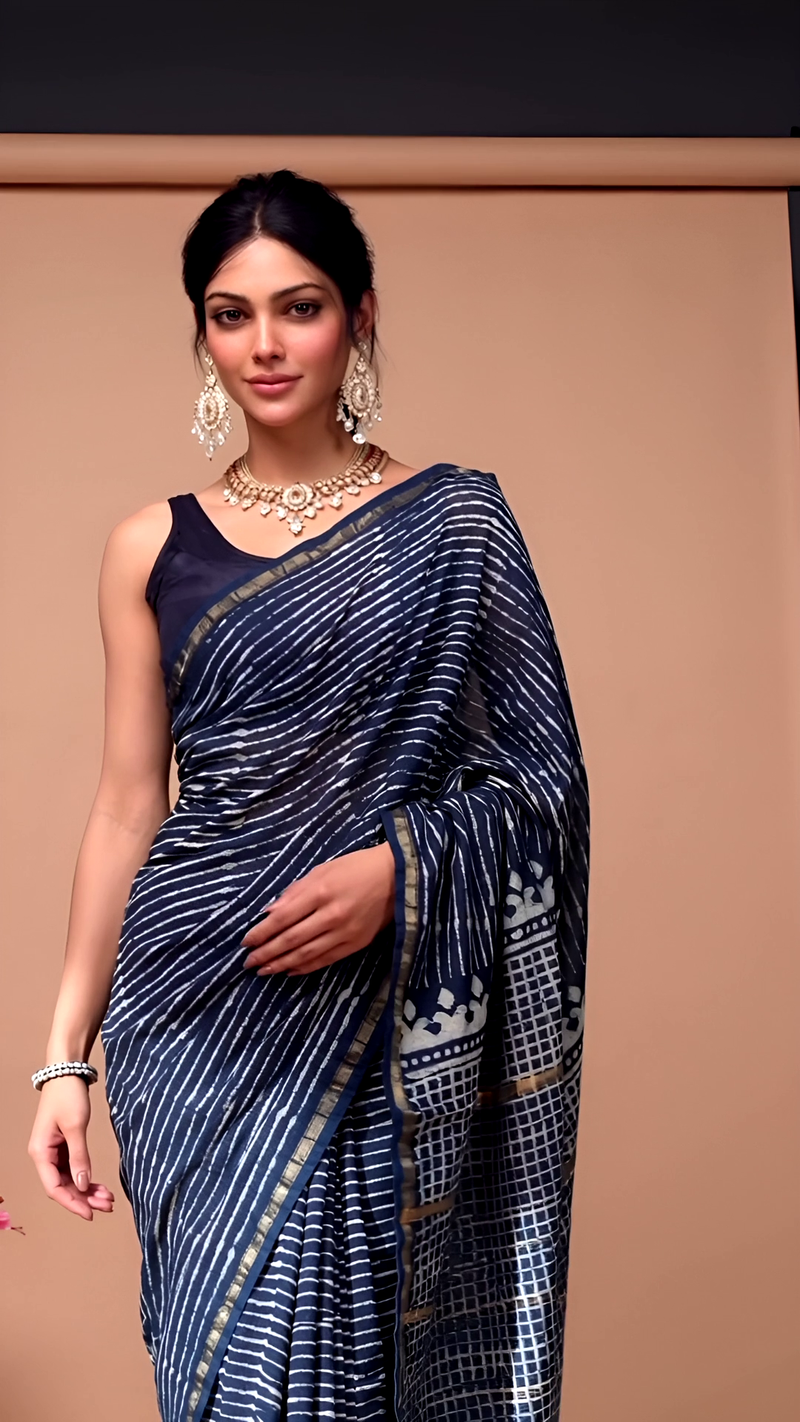 Navy Blue Handblock Striped Saree with Geometric Pallu