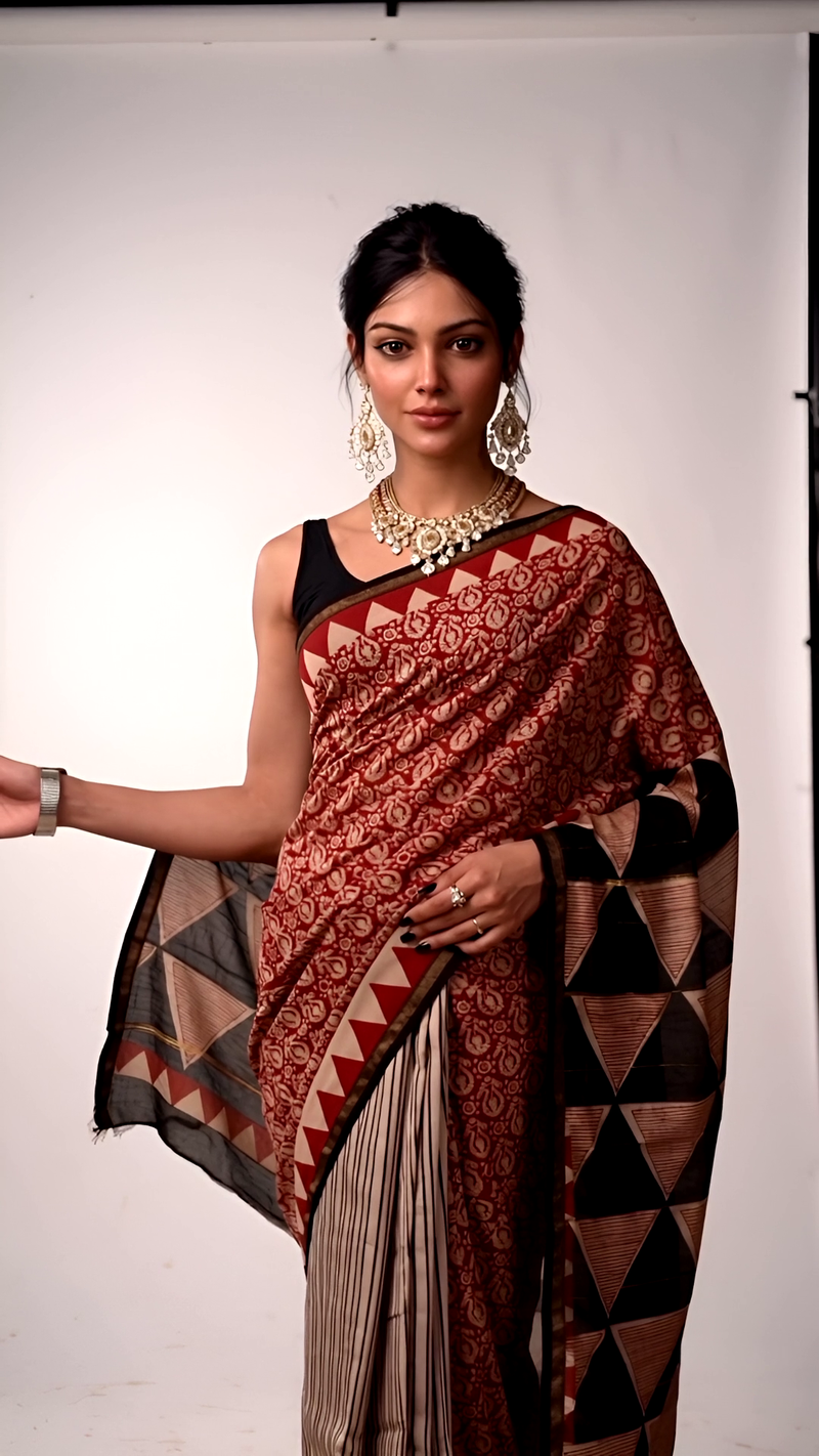 Elegant Maroon & Black Geometric Block Saree