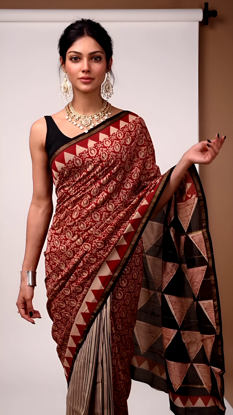 Elegant Maroon & Black Geometric Block Saree