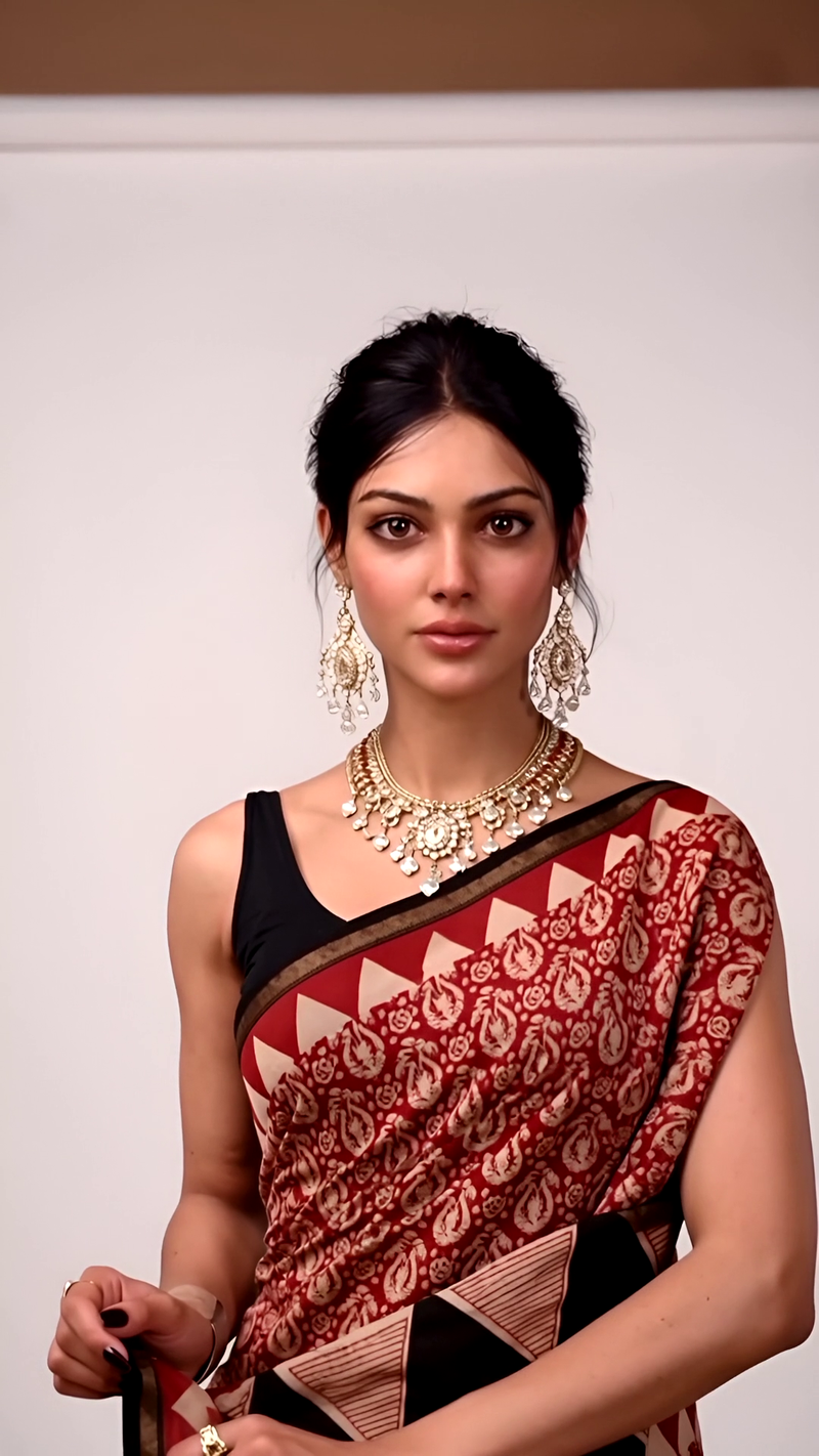 Elegant Maroon & Black Geometric Block Saree