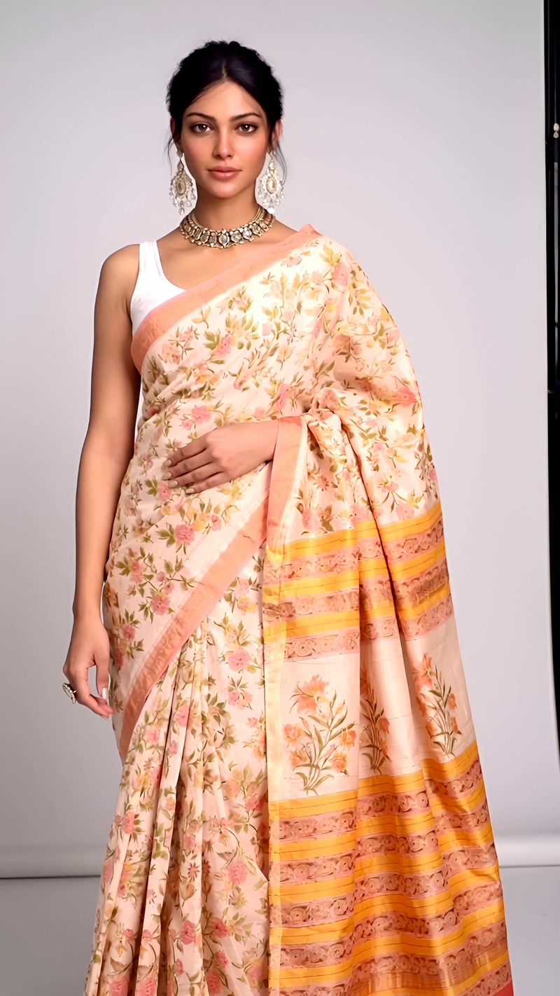 Peach Floral Printed Saree with Golden Yellow Stripes