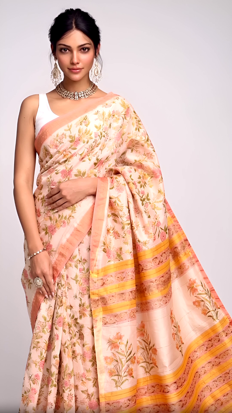 Peach Floral Printed Saree with Golden Yellow Stripes