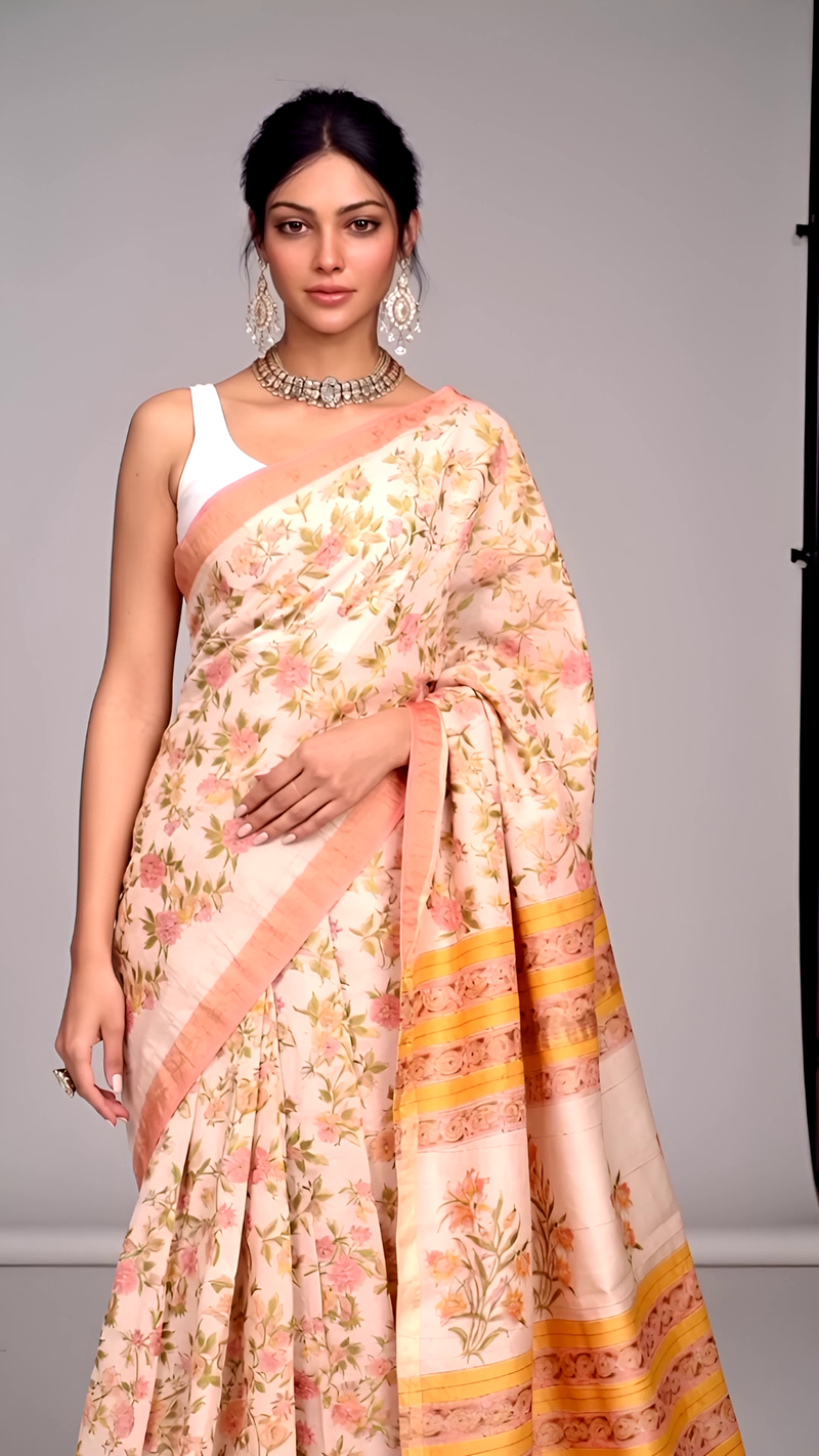 Peach Floral Printed Saree with Golden Yellow Stripes