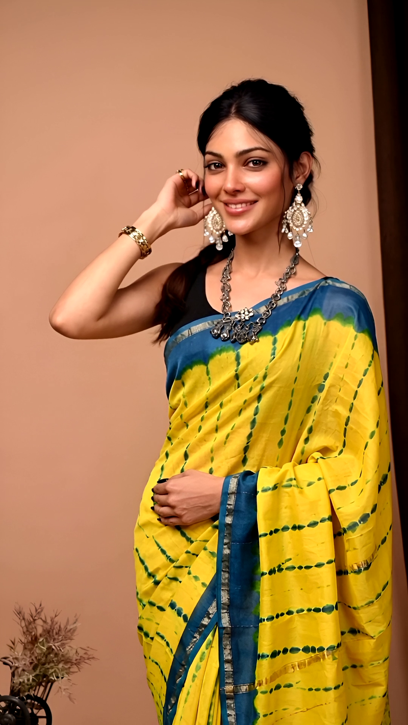 Yellow & Blue Tie-Dye Cotton Saree