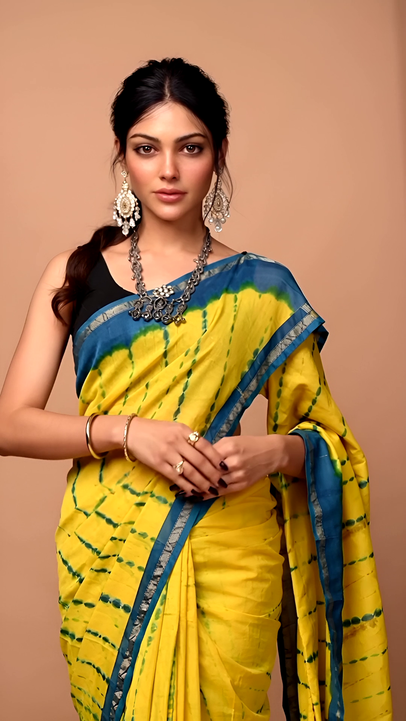 Yellow & Blue Tie-Dye Cotton Saree