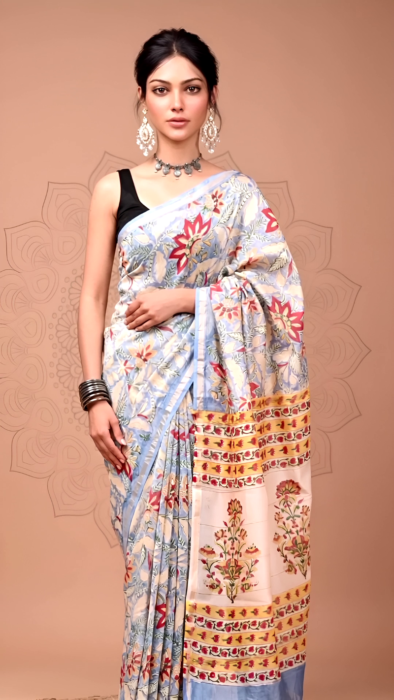 Light Blue Floral Printed Cotton Saree