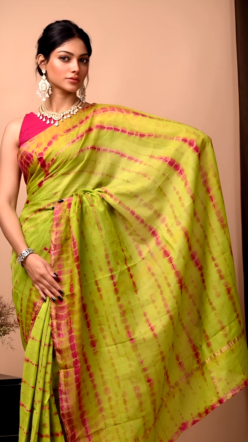 Lime Green Tie-Dye Silk Saree with Magenta Streaks