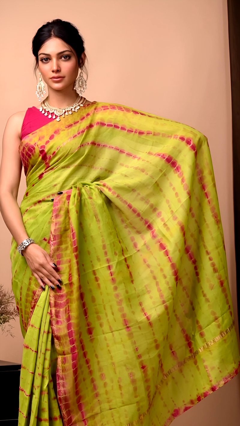 Lime Green Tie-Dye Silk Saree with Magenta Streaks