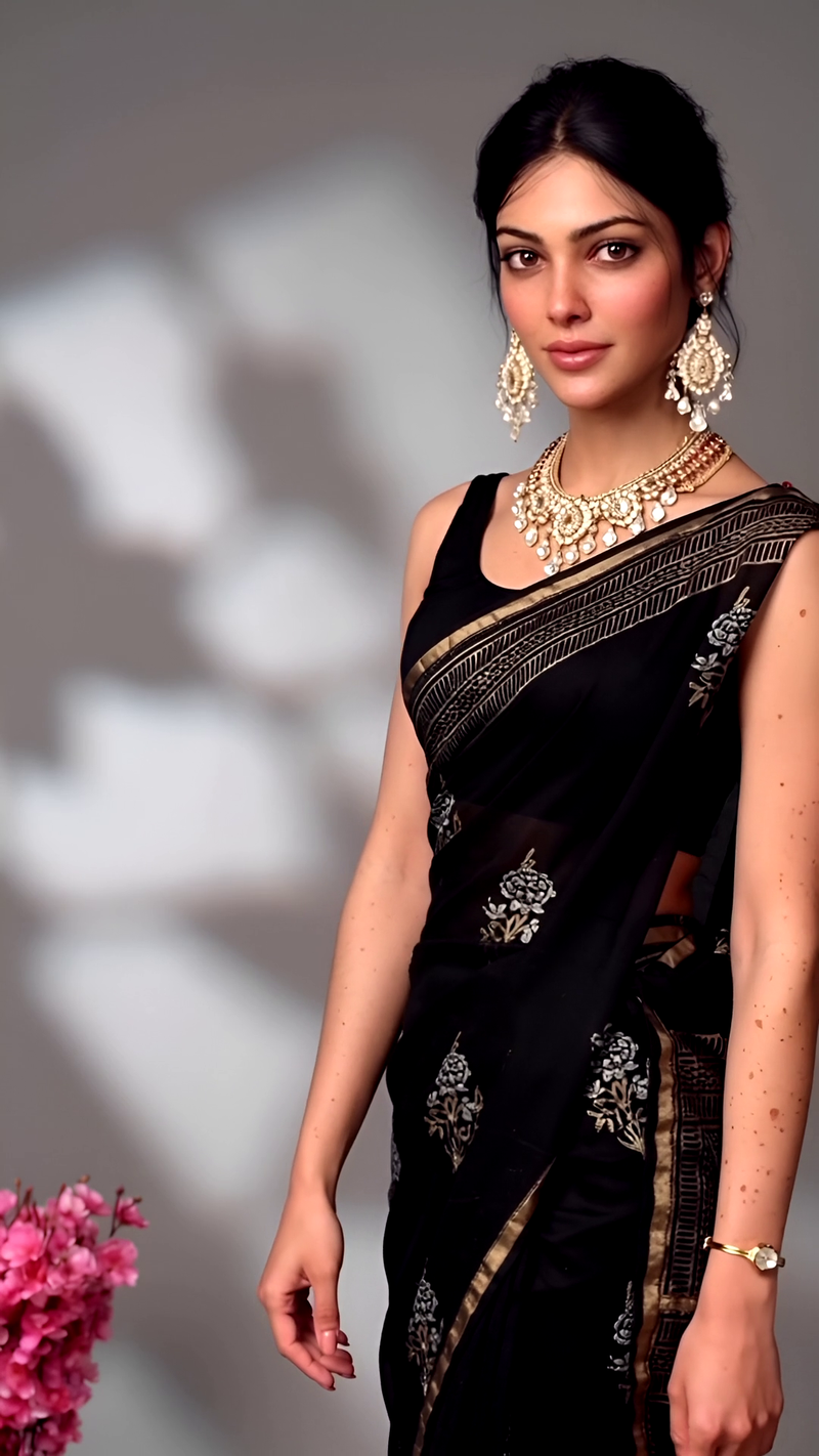 Black Maheshwari Silk Saree with Golden Zari Motifs