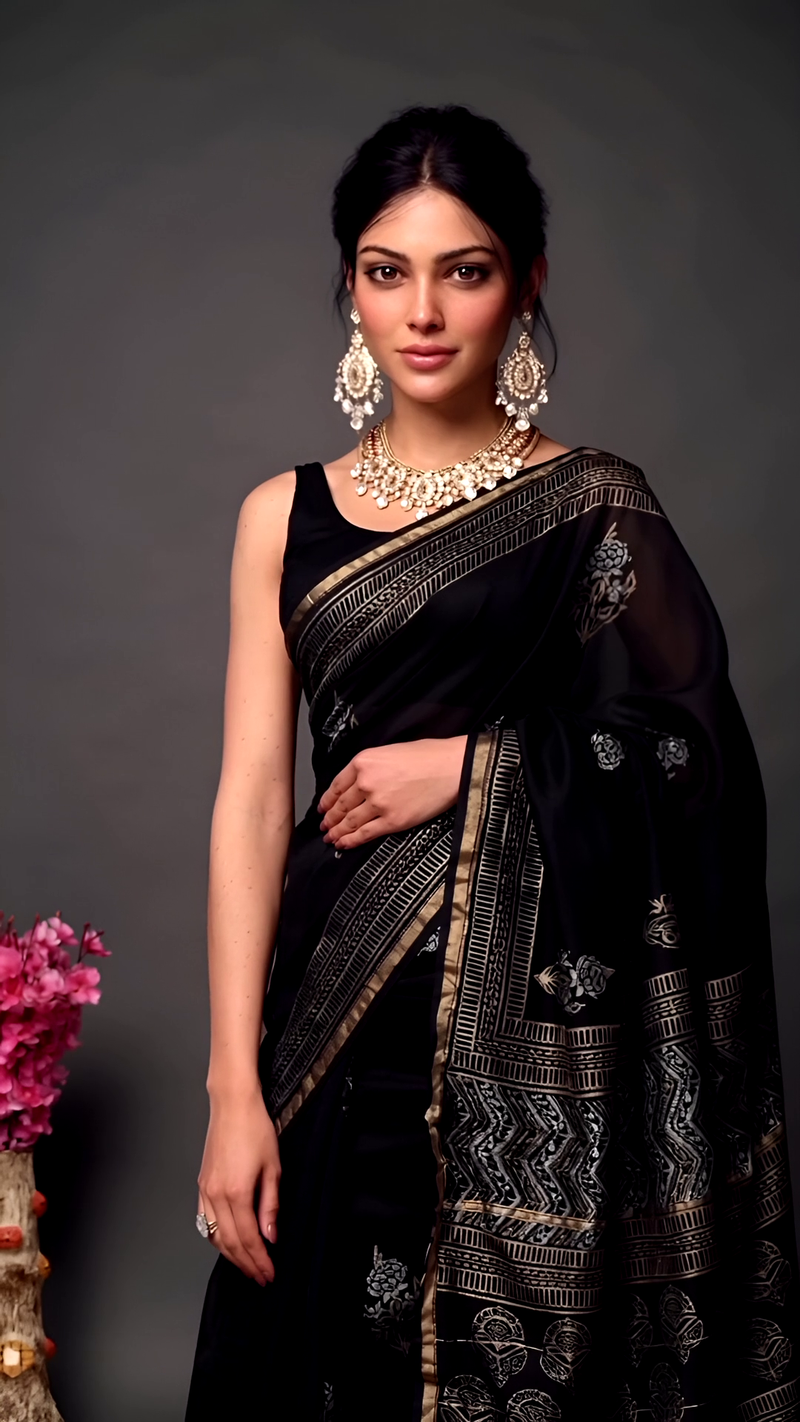 Black Maheshwari Silk Saree with Golden Zari Motifs