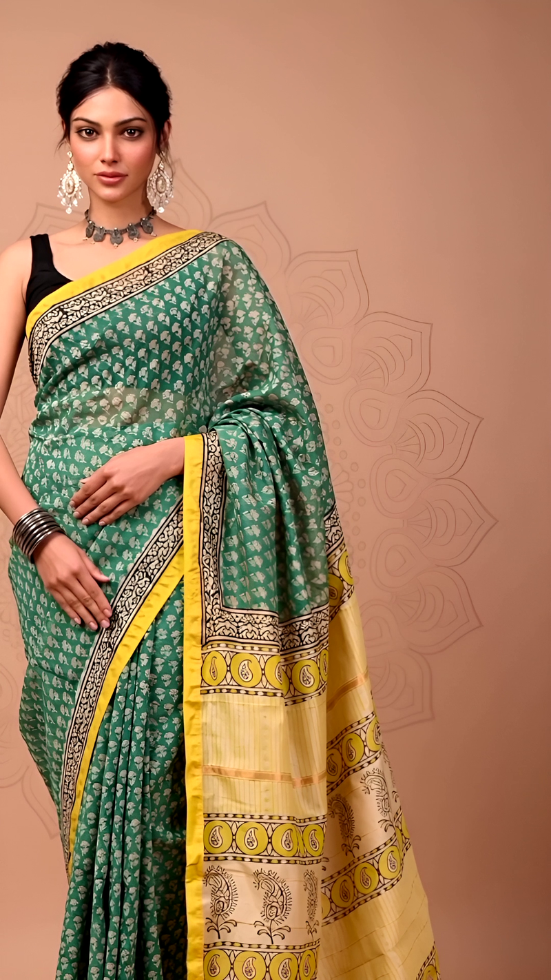 Green Maheshwari Silk Saree with Yellow Pallu
