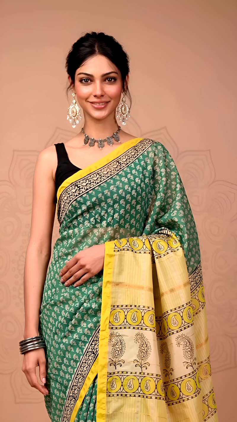 Green Maheshwari Silk Saree with Yellow Pallu