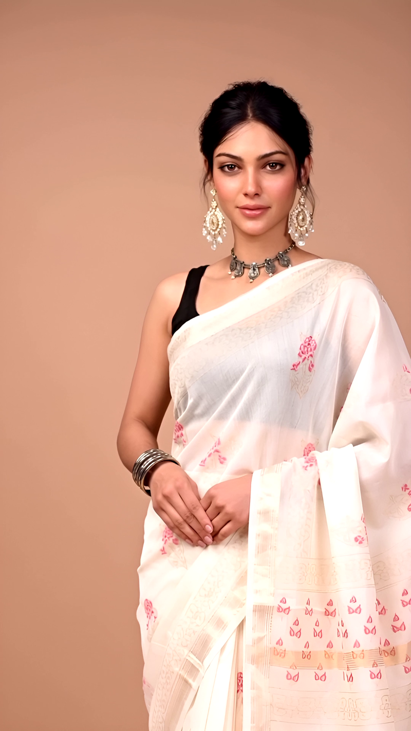 White Maheshwari Silk Saree with Pink Motifs
