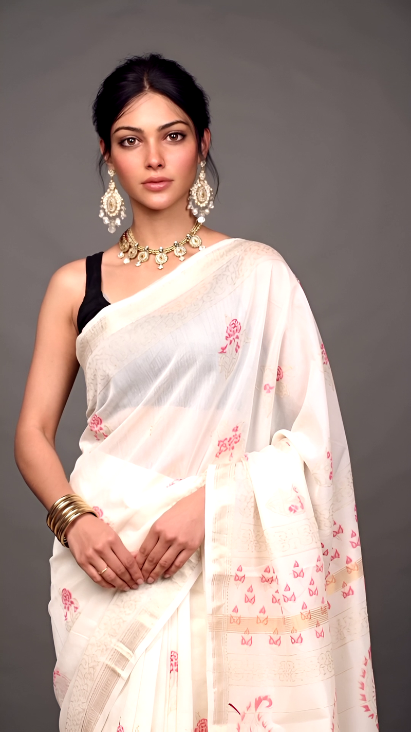 White Maheshwari Silk Saree with Pink Motifs