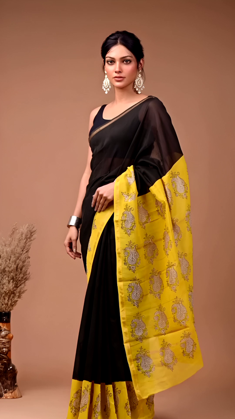 Black & Yellow Maheshwari Silk Saree with Paisley
