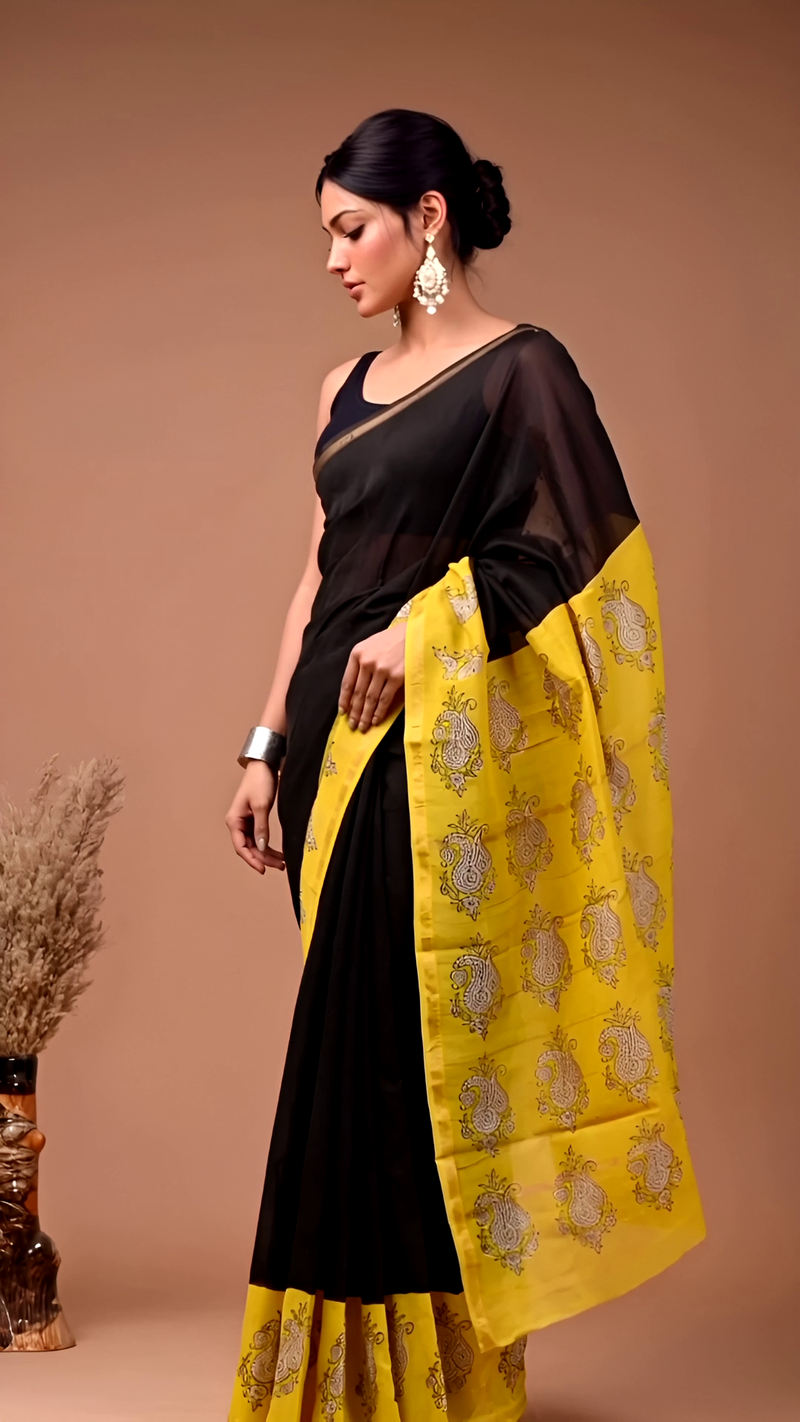 Black & Yellow Maheshwari Silk Saree with Paisley