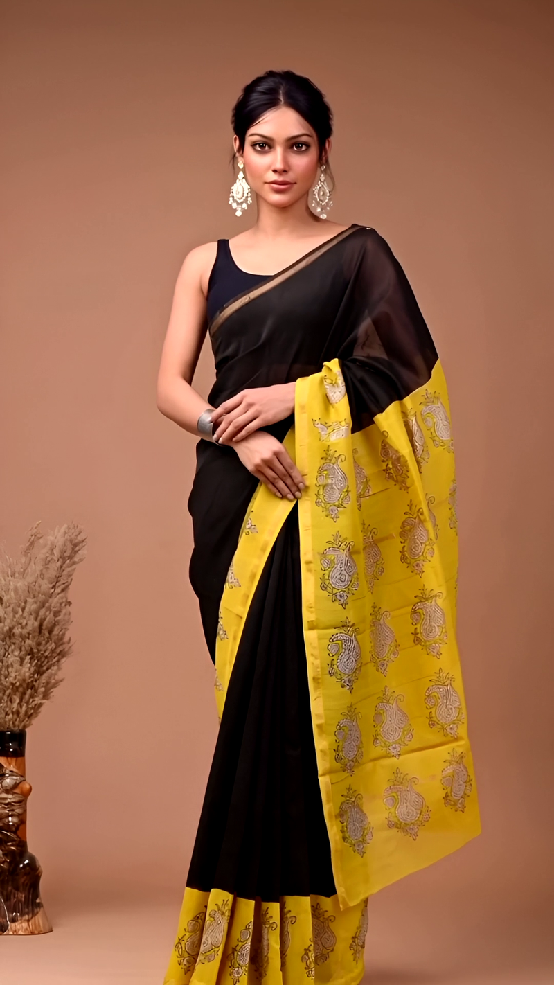 Black & Yellow Maheshwari Silk Saree with Paisley