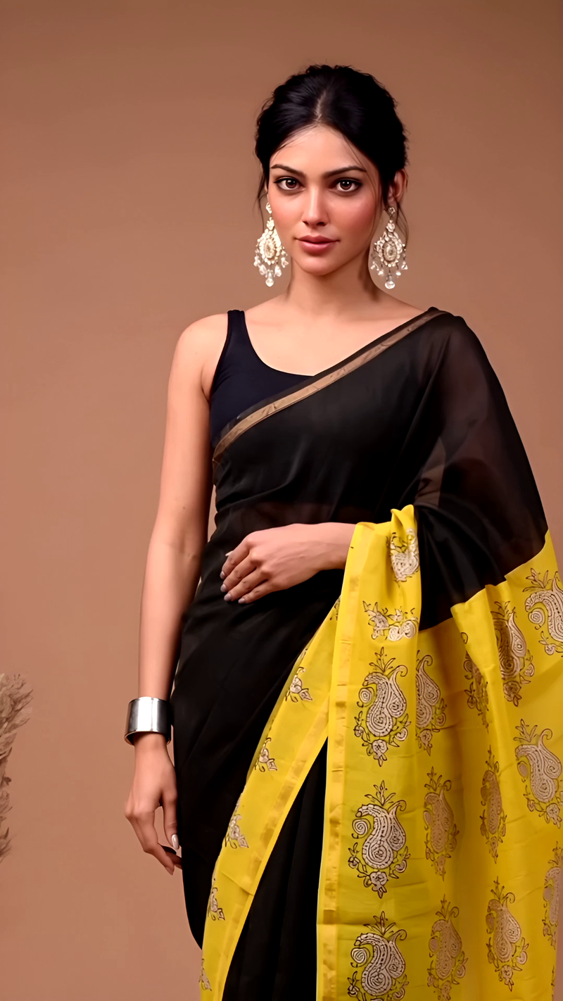 Black & Yellow Maheshwari Silk Saree with Paisley