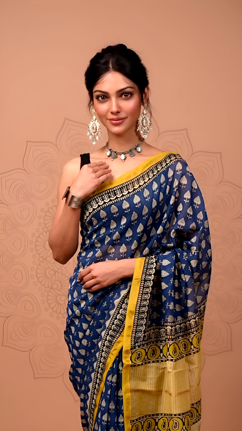 Blue Maheshwari Silk Saree with Yellow Border