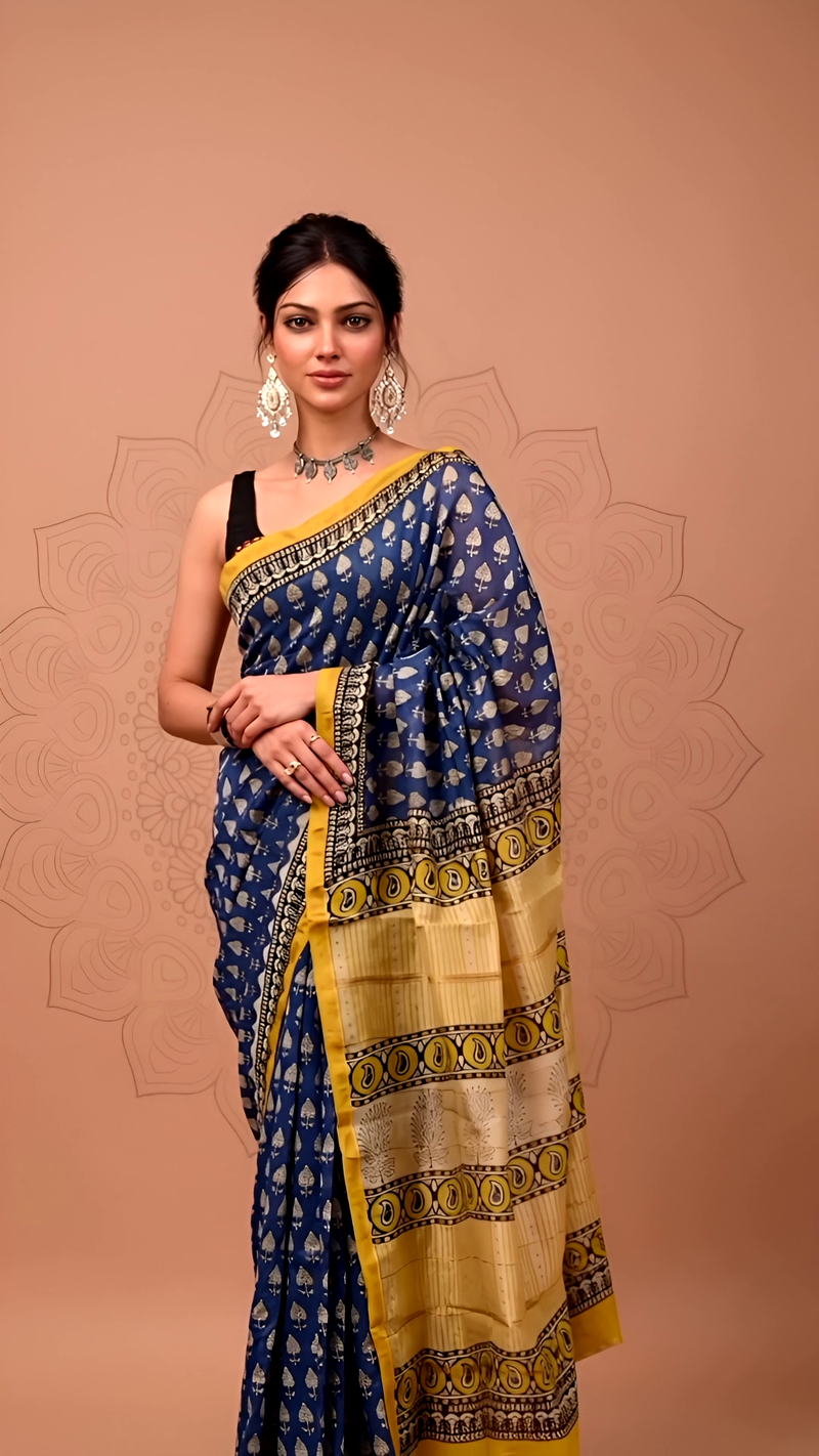 Blue Maheshwari Silk Saree with Yellow Border