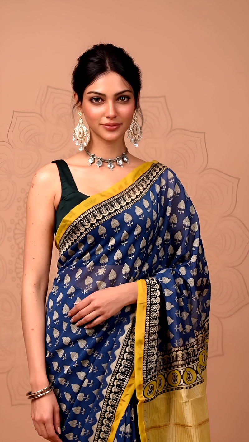 Blue Maheshwari Silk Saree with Yellow Border