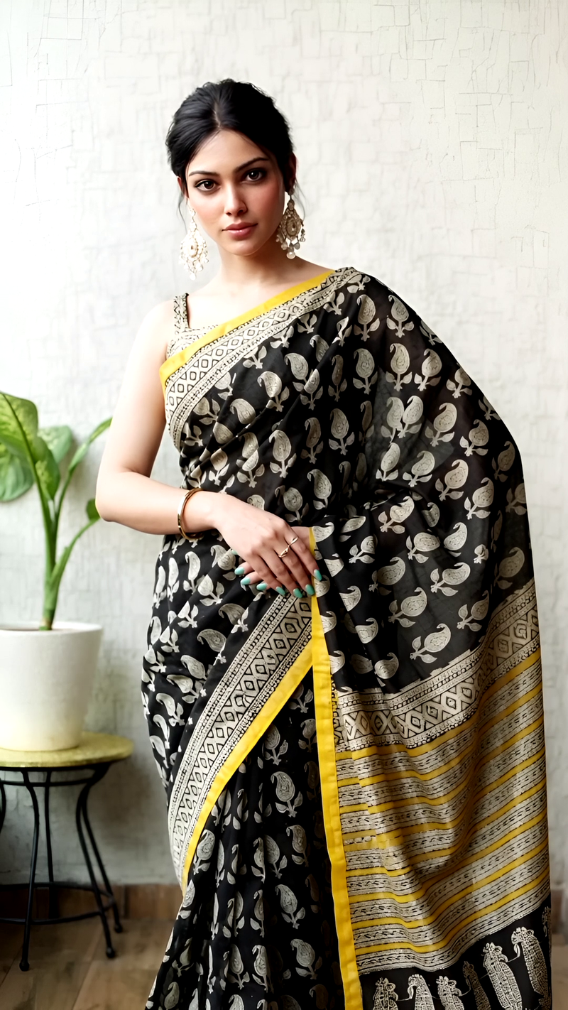 Black Maheshwari Silk Saree with Yellow Border