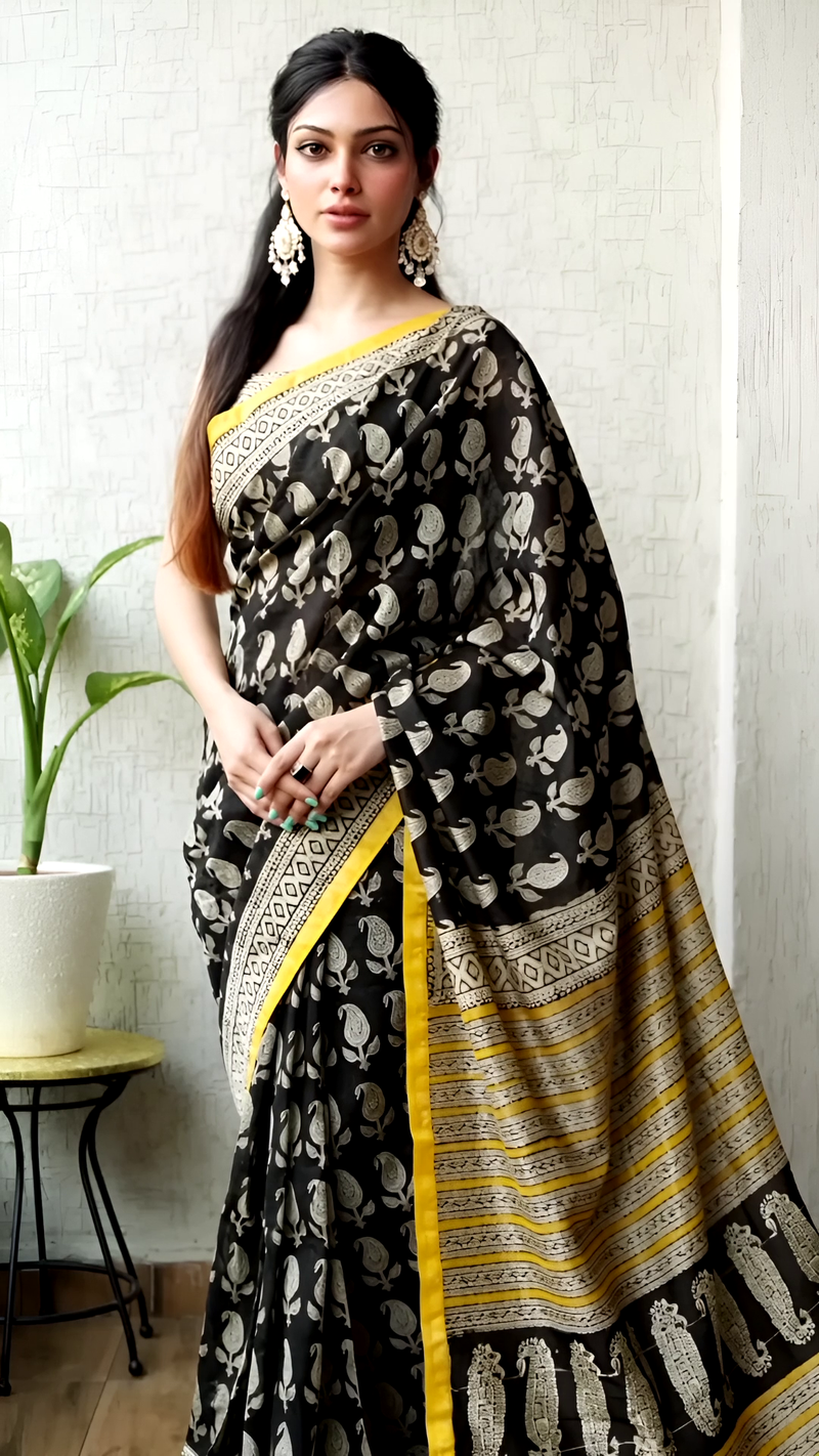 Black Maheshwari Silk Saree with Yellow Border