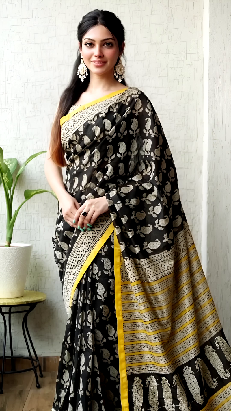 Black Maheshwari Silk Saree with Yellow Border