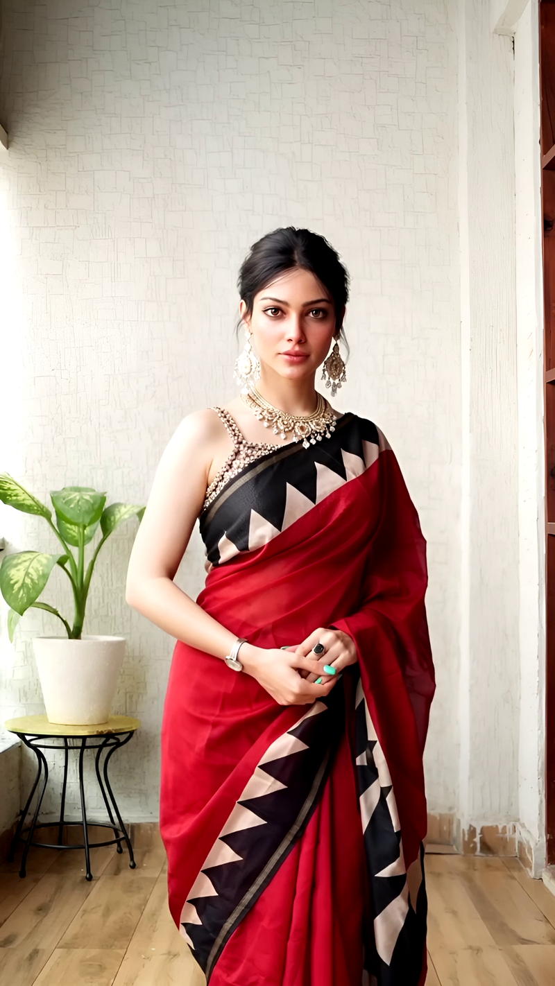 Red Geometric Hand Block Chanderi Silk Saree