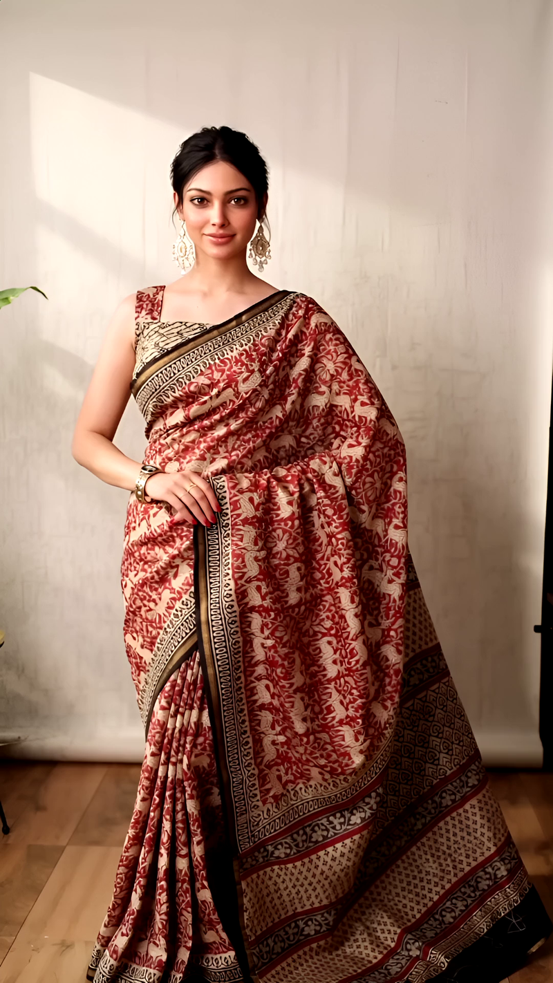 Maroon Floral Block Print Chanderi Silk Saree