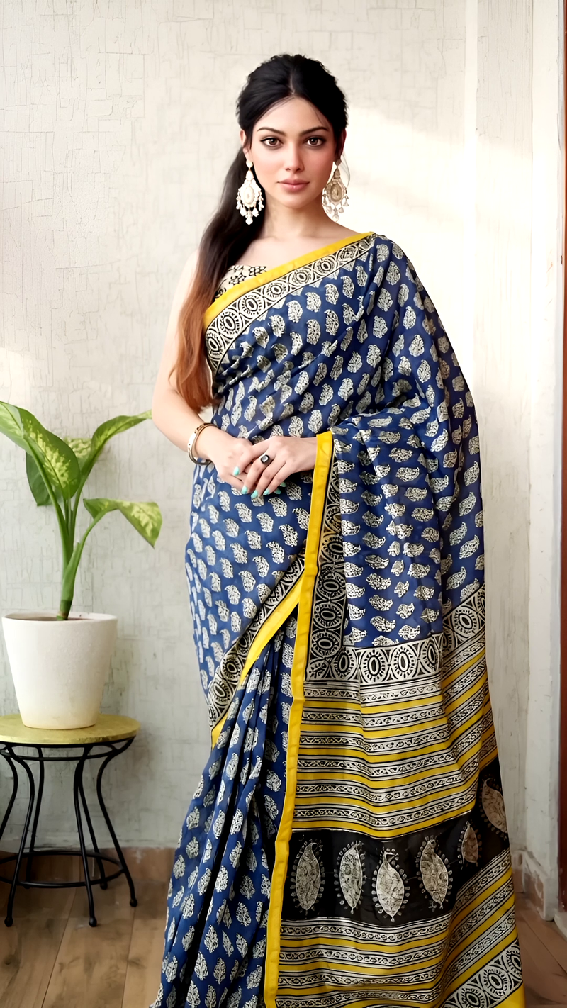Blue Hand Block Chanderi Saree with Yellow Border