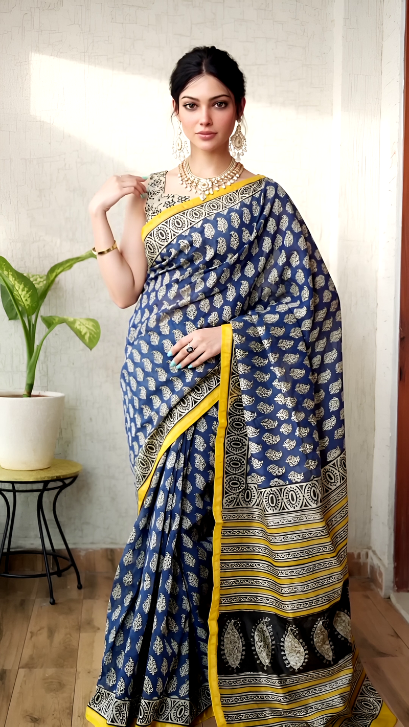 Blue Hand Block Chanderi Saree with Yellow Border